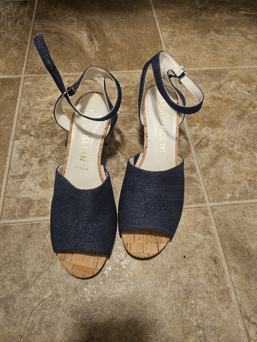 Anne Klein Navy Open-Toe Cork Wedge Sandals Size 9.5